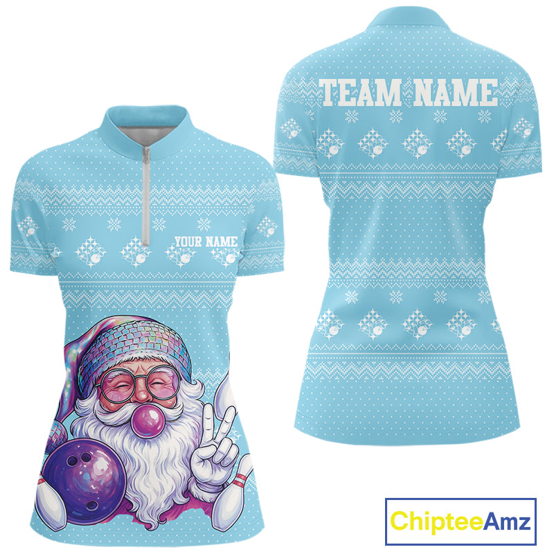 Custom Funny Santa Christmas Women Bowling Quarter-Zip Shirts, Blue Xmas Team Outfit IPHW10142