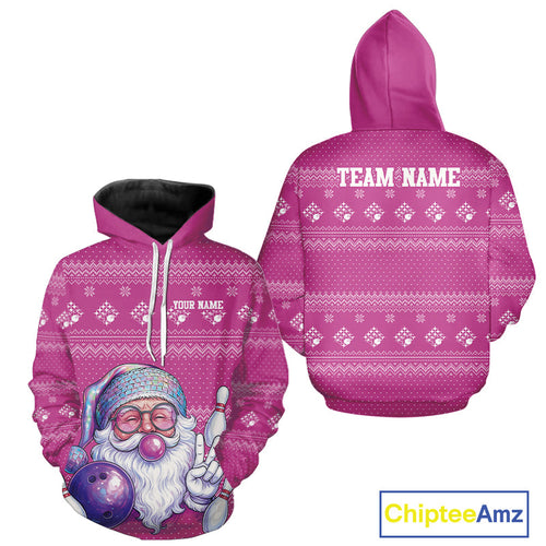 Custom Funny Santa Christmas Men And Women Bowling Hoodie Shirts, Bright Magenta Xmas Team Outfit IPHW10144