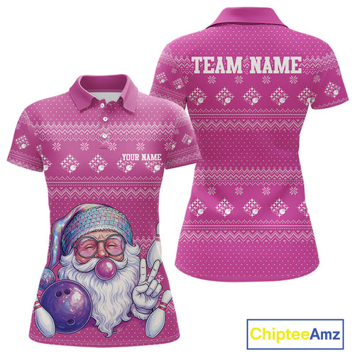Custom Funny Santa Christmas Women Bowling Polo Shirts, Bright Magenta Xmas Team Outfit IPHW10144