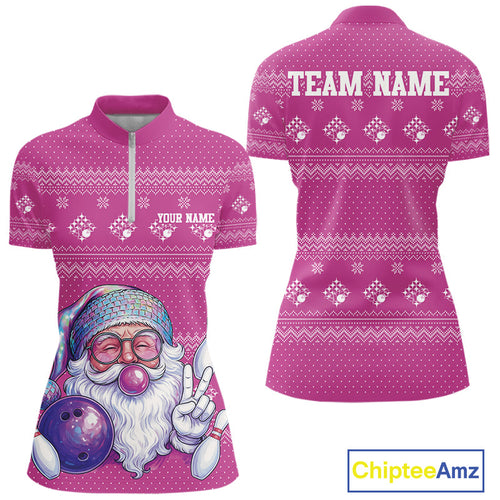Custom Funny Santa Christmas Women Bowling Quarter-Zip Shirts, Magenta Xmas Team Outfit IPHW10144