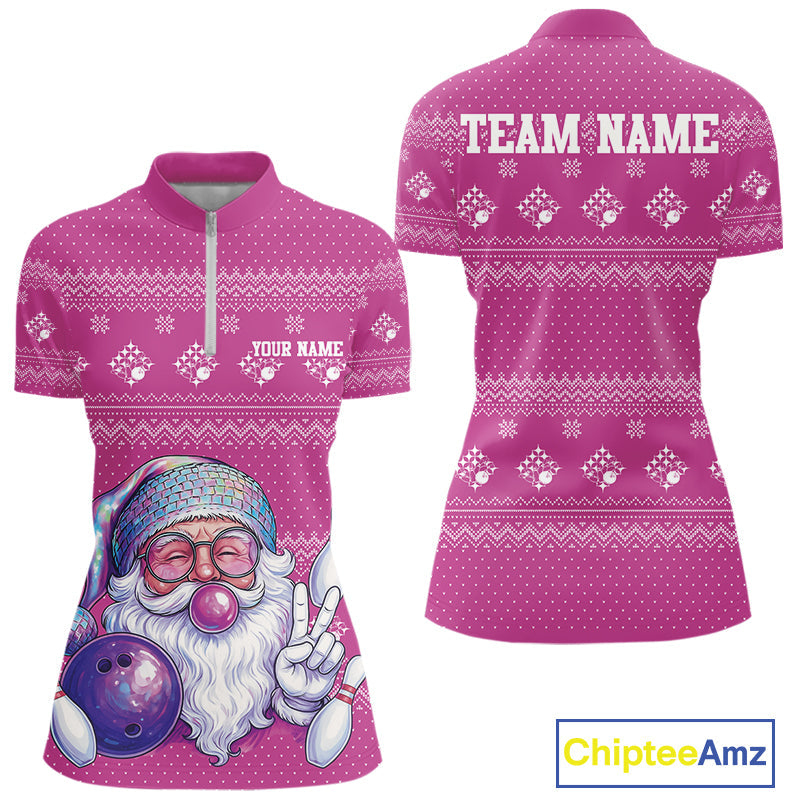 Custom Funny Santa Christmas Women Bowling Quarter-Zip Shirts, Magenta Xmas Team Outfit IPHW10144