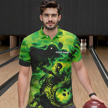 Load image into Gallery viewer, Black And Green Flame Custom Skeleton Bowling Polo Shirt For Men, Skull Bowling League Shirt IPHW8407