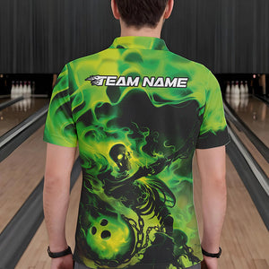 Black And Green Flame Custom Skeleton Bowling Polo Shirt For Men, Skull Bowling League Shirt IPHW8407