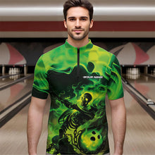 Load image into Gallery viewer, Black And Green Flame Custom Skeleton Bowling Quarter-Zip Shirt For Men, Skull Bowling League Shirt IPHW8407