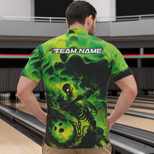 Black And Green Flame Custom Skeleton Bowling Quarter-Zip Shirt For Men, Skull Bowling League Shirt IPHW8407