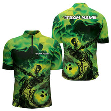 Load image into Gallery viewer, Black And Green Flame Custom Skeleton Bowling Quarter-Zip Shirt For Men, Skull Bowling League Shirt IPHW8407