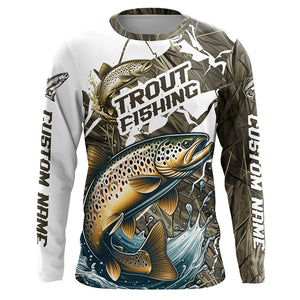 Brown Trout Fishing Custom Long Sleeve Tournament Shirts, Trout Fly Fishing Jerseys Grass Camo IPHW6451