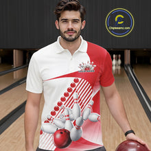 Load image into Gallery viewer, Male model in a bowling lane wearing a white and red polo shirt with flowing geometric stripe accents and a bowling strike graphic.