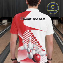 Load image into Gallery viewer, Back view of a male model in a bowling venue wearing a white and red polo shirt, showcasing wavy geometric stripes and dynamic bowling action design.