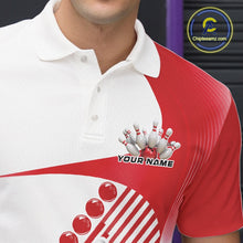 Load image into Gallery viewer, Close-up of the left chest area of a white and red bowling polo shirt, featuring asymmetric wavy stripe patterns with a bowling strike graphic.