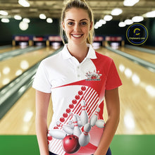 Load image into Gallery viewer, Female model in a bowling lane wearing a white and red polo shirt with geometric wavy stripe accents and a bowling strike illustration.