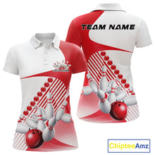 Load image into Gallery viewer, Front and back view of a womens bowling polo shirt mockup in white and red, featuring asymmetric wavy geometric stripes with a dynamic bowling strike design.