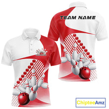 Load image into Gallery viewer, Front and back view of a mens bowling polo shirt mockup in white and red, featuring asymmetric wavy geometric stripes with a dynamic bowling strike illustration.