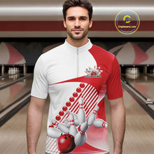 Load image into Gallery viewer, Male model in a bowling lane wearing a white and red quarter zip shirt with asymmetric wavy stripe patterns and a bowling ball crashing into pins.