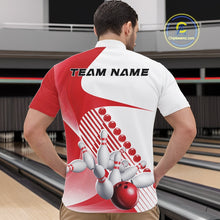Load image into Gallery viewer, Male model in a bowling alley wearing a white and red quarter zip shirt, featuring dynamic geometric stripes and a bowling strike illustration.
