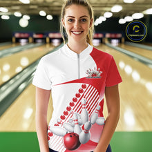 Load image into Gallery viewer, Female model wearing a white and red bowling quarter zip with flowing geometric stripes and dynamic bowling strike artwork inside a bowling alley.