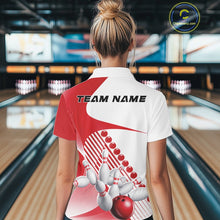 Load image into Gallery viewer, Back view of a women s white and red bowling quarter zip displaying asymmetric wavy stripe graphics and a dynamic bowling strike motif at the bowling lane.