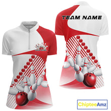 Load image into Gallery viewer, Front and back mockup of a women s white and red bowling quarter zip featuring asymmetric wavy geometric stripes and a dynamic bowling strike graphic.