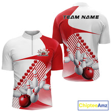Load image into Gallery viewer, Front and back view of a mens bowling quarter zip shirt mockup in white and red, featuring wavy geometric stripes with a bowling strike motion graphic.