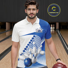 Load image into Gallery viewer, Male model in a bowling lane wearing a white and blue polo shirt with wavy geometric stripes and a dynamic bowling strike illustration.