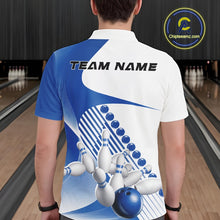 Load image into Gallery viewer, Back view of a male model in a bowling alley wearing a white and blue polo shirt, showcasing asymmetric wavy stripe patterns and bowling strike artwork.