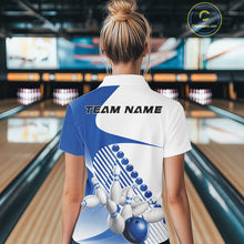 Load image into Gallery viewer, Back view of a female model in a bowling lane wearing a white and blue polo shirt, showcasing wavy geometric stripe design with bowling action graphics.