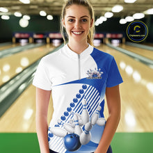 Load image into Gallery viewer, Front view of a female model in a white and blue bowling quarter zip featuring sweeping geometric stripes and dynamic bowling strike graphics at the bowling lane.