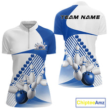 Load image into Gallery viewer, Women s white and blue bowling quarter zip mockup displayed from front and back with asymmetric wavy geometric stripes and dynamic bowling strike artwork.