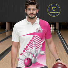Load image into Gallery viewer, Male model in a bowling alley wearing a white and pink polo shirt with wavy geometric stripe accents and a bowling strike graphic.