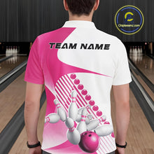 Load image into Gallery viewer, Back view of a male model in a bowling lane wearing a white and pink polo shirt, showcasing asymmetric stripe patterns and bowling action design.