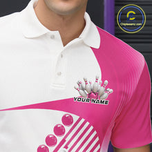 Load image into Gallery viewer, Close-up of the left chest area of a white and pink bowling polo shirt, featuring asymmetric wavy geometric stripes with a dynamic bowling strike graphic.