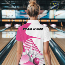 Load image into Gallery viewer, Back view of a female model in a bowling venue wearing a white and pink polo shirt, showcasing asymmetric geometric stripes and bowling strike motion design.