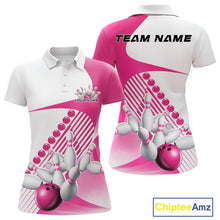 Load image into Gallery viewer, Front and back view of a womens bowling polo shirt mockup in white and pink, featuring asymmetric wavy geometric stripes with a dynamic bowling strike illustration.