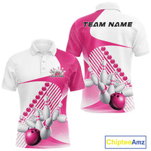Load image into Gallery viewer, Front and back view of a mens bowling polo shirt mockup in white and pink, featuring asymmetric wavy geometric stripes with a dynamic bowling strike illustration.