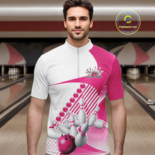 Load image into Gallery viewer, Male model in a bowling lane wearing a white and pink quarter zip shirt, featuring asymmetric wavy geometric stripes with a dynamic bowling strike graphic.