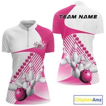 Load image into Gallery viewer, Front and back view of a women s white and pink bowling quarter zip with asymmetric wavy geometric stripes and dynamic bowling strike graphics.
