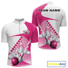 Load image into Gallery viewer, Front and back view of a mens bowling quarter zip shirt mockup in white and pink, featuring asymmetric wavy geometric stripes with a dynamic bowling strike design.