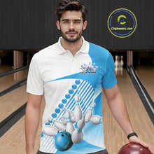 Load image into Gallery viewer, Male model in a bowling lane wearing a white and light blue polo shirt with flowing geometric stripes and a bowling strike illustration.