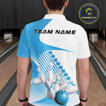 Load image into Gallery viewer, Back view of a male model in a bowling venue wearing a white and light blue polo shirt, showcasing wavy stripe accents and dynamic bowling action artwork.