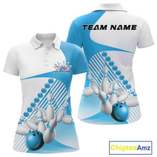 Load image into Gallery viewer, Front and back view of a womens bowling polo shirt mockup in white and light blue, featuring asymmetric wavy geometric stripes and a bowling strike graphic.