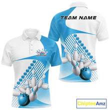 Load image into Gallery viewer, Front and back view of a mens bowling polo shirt mockup in white and light blue, featuring asymmetric wavy geometric stripes and a dynamic bowling strike design.
