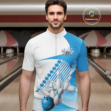Load image into Gallery viewer, Male model in a bowling lane wearing a white and light blue quarter zip shirt with wavy stripe accents and a dynamic bowling strike design.