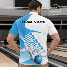 Load image into Gallery viewer, Male model in a bowling alley wearing a white and light blue quarter zip shirt, showcasing asymmetric wavy geometric stripes with bowling action graphics.