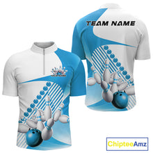 Load image into Gallery viewer, Front and back view of a mens bowling quarter zip shirt mockup in white and light blue, featuring asymmetric wavy geometric stripes and bowling strike artwork.
