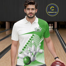 Load image into Gallery viewer, Male model in a bowling lane wearing a white and green polo shirt with wavy geometric stripes and a bowling strike illustration.