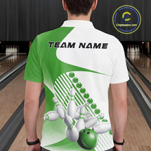 Load image into Gallery viewer, Back view of a male model in a bowling alley wearing a white and green polo shirt, showcasing asymmetric stripe patterns and a dynamic bowling action design.