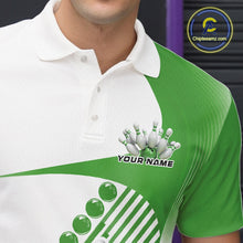 Load image into Gallery viewer, Close-up of the left chest area of a white and green bowling polo shirt, featuring wavy geometric stripes with a bowling strike graphic.