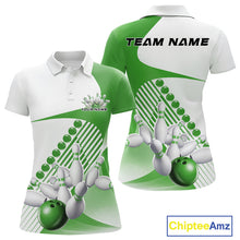 Load image into Gallery viewer, Front and back view of a womens bowling polo shirt mockup in white and green, featuring asymmetric wavy geometric stripes with a dynamic bowling strike graphic.