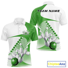 Load image into Gallery viewer, Front and back view of a mens bowling polo shirt mockup in white and green, featuring asymmetric wavy geometric stripes with a dynamic bowling strike graphic.