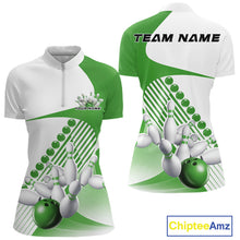 Load image into Gallery viewer, Front and back mockup of a women s white and green bowling quarter zip featuring asymmetric wavy geometric stripes and a dynamic bowling strike graphic.